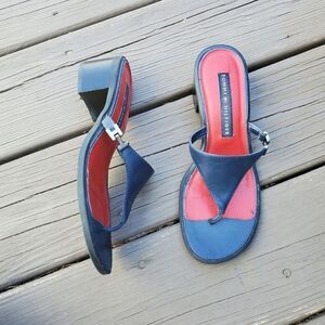Vintage 90s y2k Bratz Navy Blue Leather Chunky Heel Tommy Hilfiger Thong Sandals